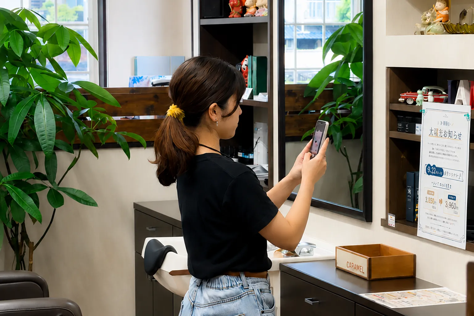 伊万里市の美容室Hair Studio JAM求人写真 サロン内で撮影するスタッフ